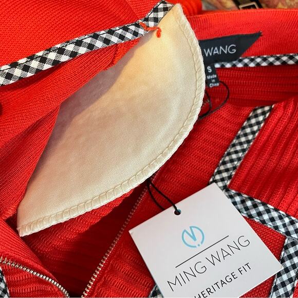 Ming Wang Poppy Red Gingham Trim Zip Front Long Sweater Jacket Womens S new nwt - Picture 14 of 16